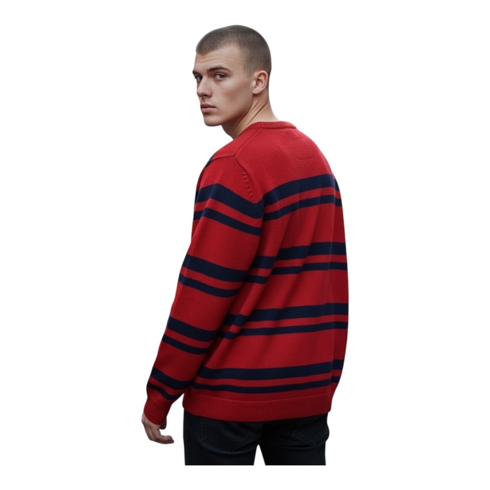 Chaps Mens Sweater XL Striped Crew Neck Red Blue Pullover Knitwear Casual - Picture 3 of 12